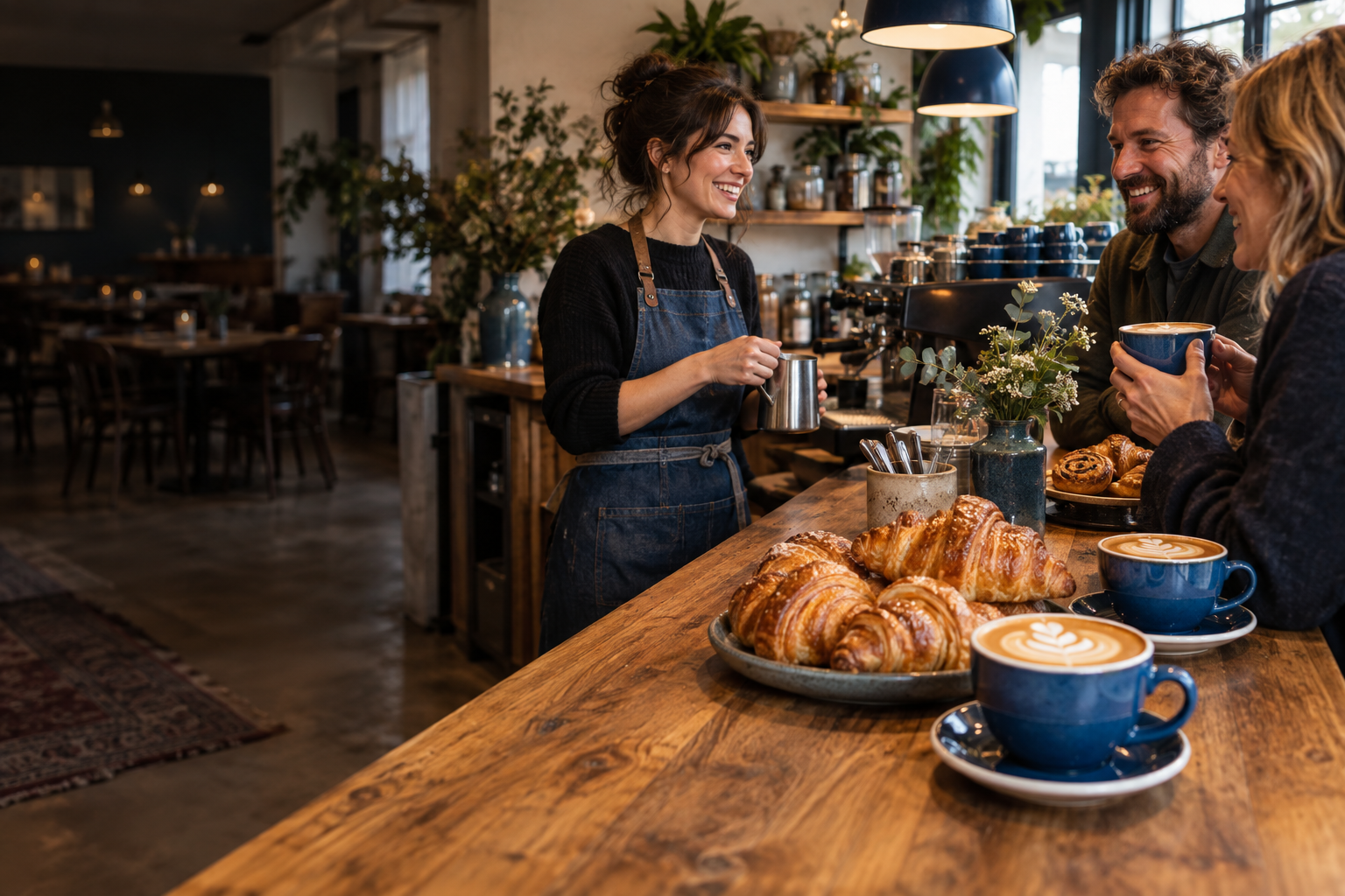 A barista welcoming customers over coffee and fresh pastries